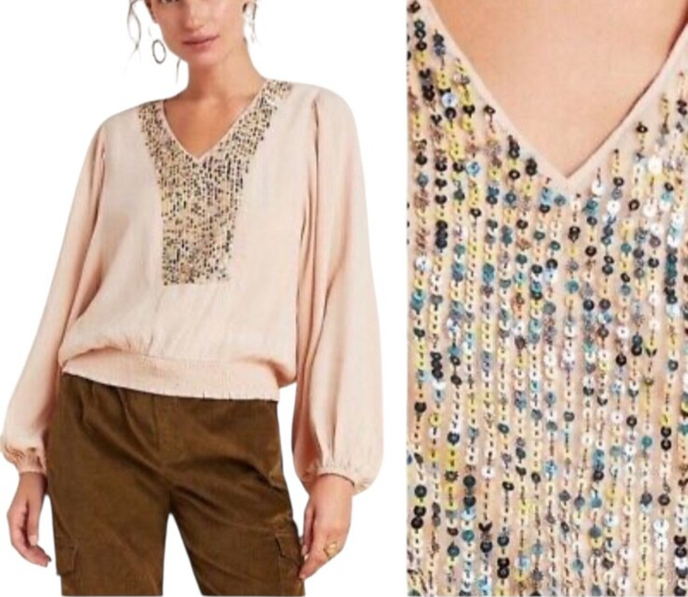 MAEVE Anthropologie Size XS Blush Sequin Long Balloon Sleeve V-Neck Pullover Top